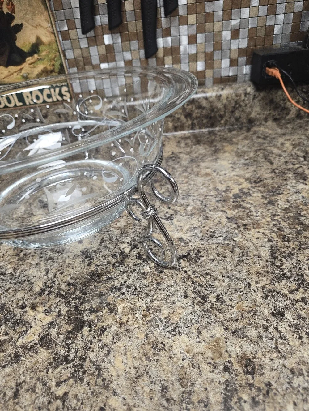 Clear Glass Serving Bowl with Silver Stand - Elegant Swirl Design